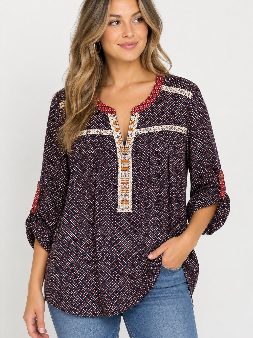 Skies Are Blue Anthropologie Boho Split-Neck Printed Blouse - Navy/Red Plus 3X